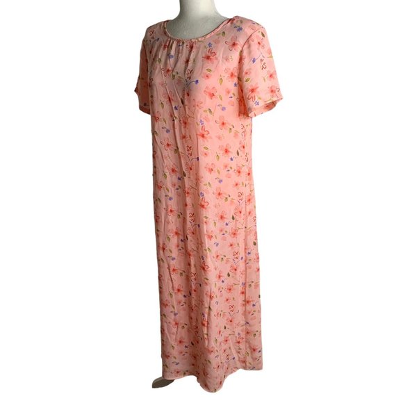 Vintage 90s Cottagecore Maxi Dress M Pink Slip Short Sleeve Round Neck Shift - Picture 5 of 7